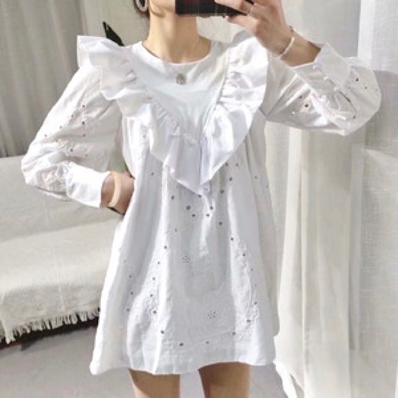 NWT Zara White Ruffled Openwork Embroidery Dress - Picture 8 of 9